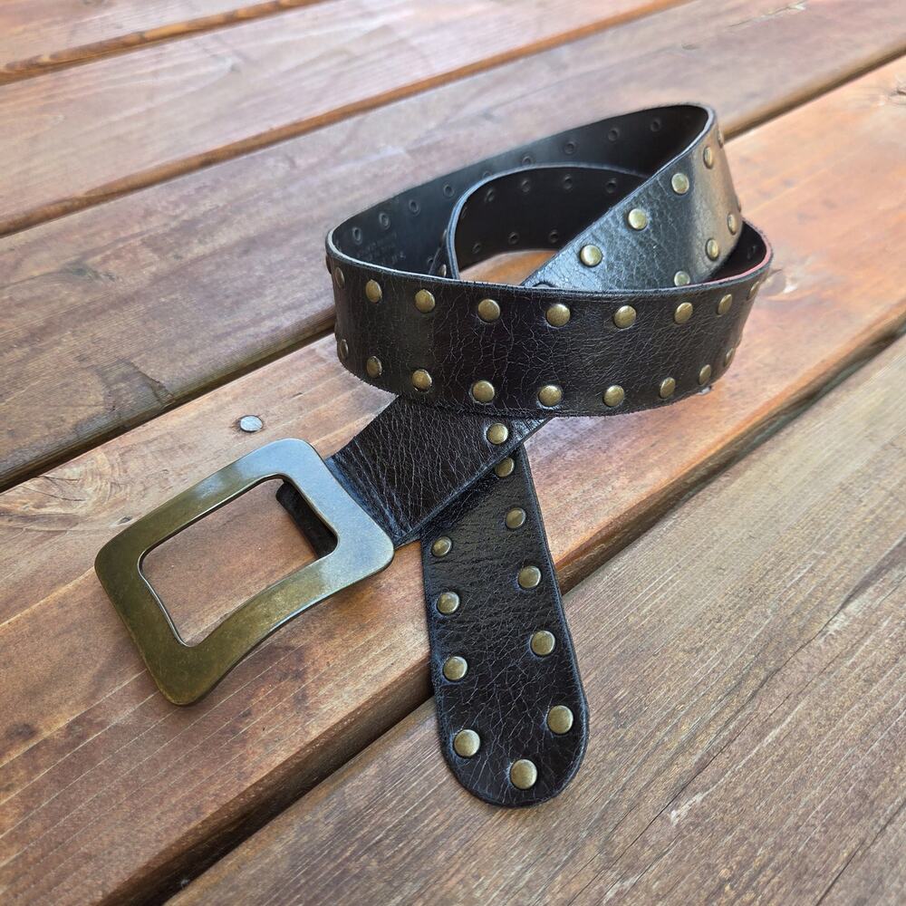 Italian Leather Studded Belt Black Antique Gold Buckle Boho Western L - Picture 4 of 7